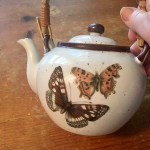 Asahi Sato Gordon Japan Speckled Stoneware Butterfly Teapot Bamboo Handle
